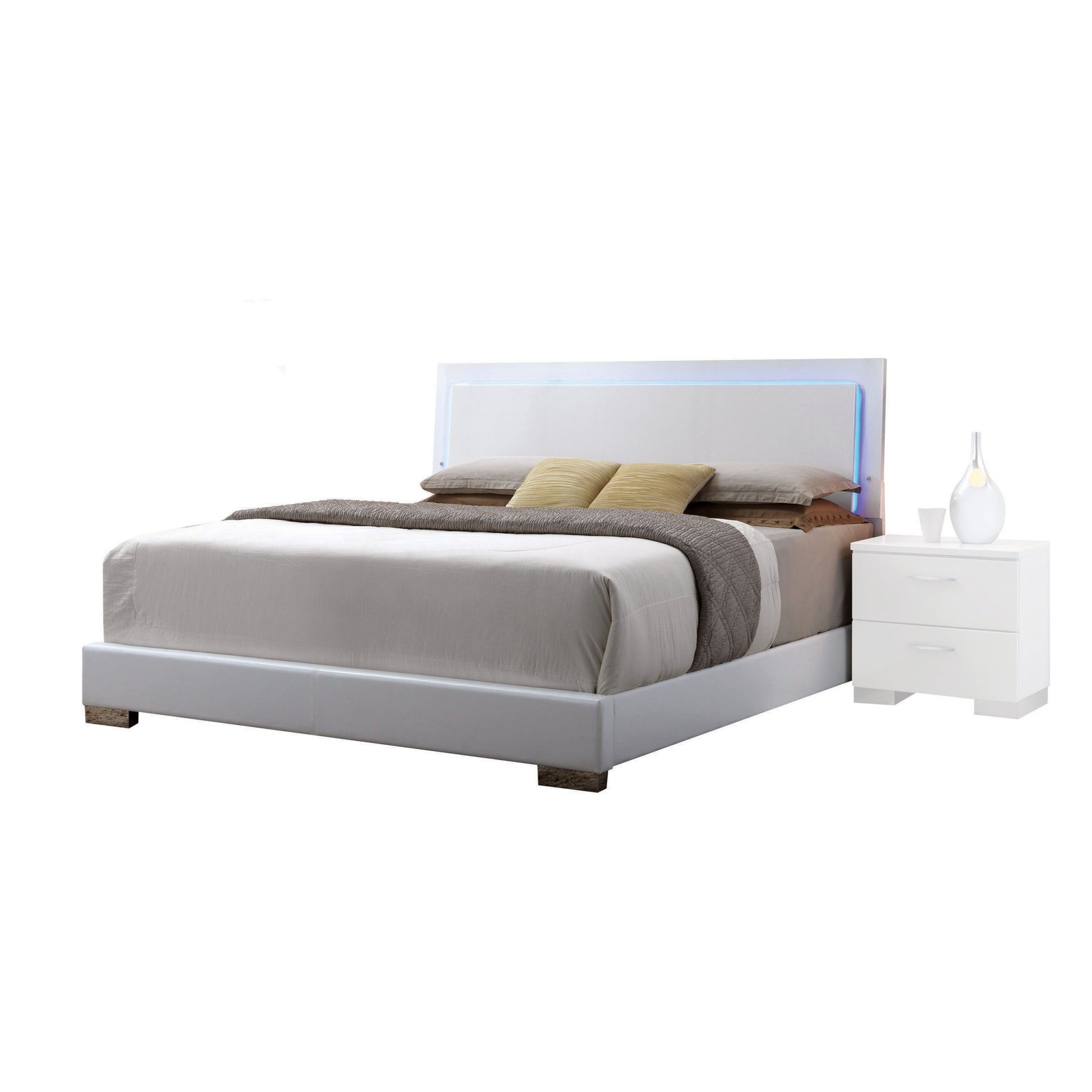 White Queen Bed With Led Light Headboard Box Spring Required Queen White Wood White Bedroom Contemporary Panel Faux Leather Faux Leather