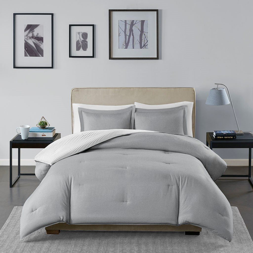 Reversible Yarn Dyed Stripe Down Alternative Comforter Set Queen White Gray Microfiber