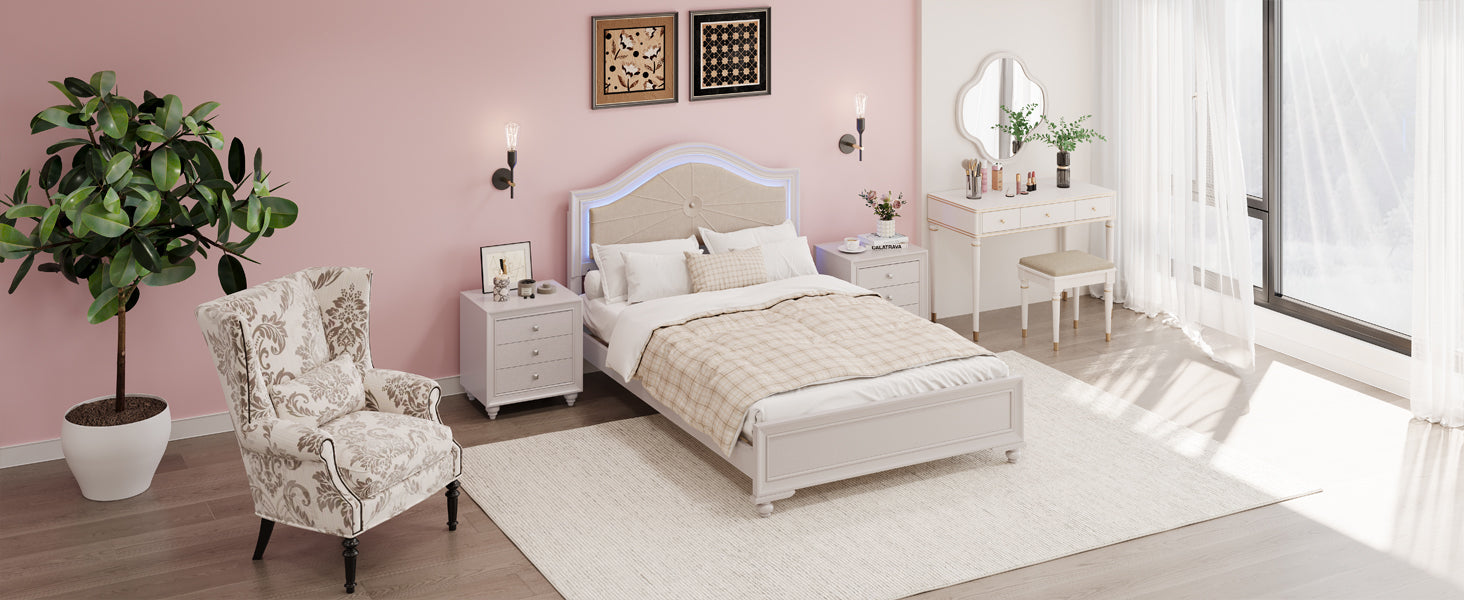 3 Pieces Bedroom Sets Queen Size Wood Bed With Hidden Led Light Upholstered Headboard 2 Nightstands, Cream Grey Queen Cream Grey 3 Piece Set Upholstered,Wood