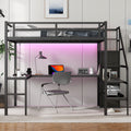 Full Size Loft Bed With L Shaped Desk And Usb, Metal Loft Bed With Wardrobe And Adjustable Shelf, High Loft Bed With Led For Kids Teens Adults, Black Black Metal