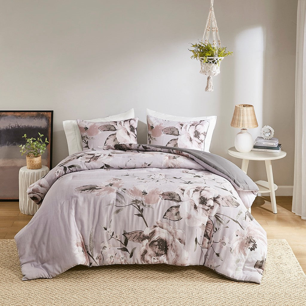 3 Piece Floral Printed Comforter Set Lilac Full Queen Full Lilac Cotton