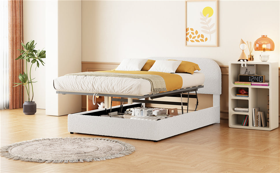 Teddy Fleece Full Size Upholstered Platform Bed With Hydraulic Storage System, White Full White Teddy