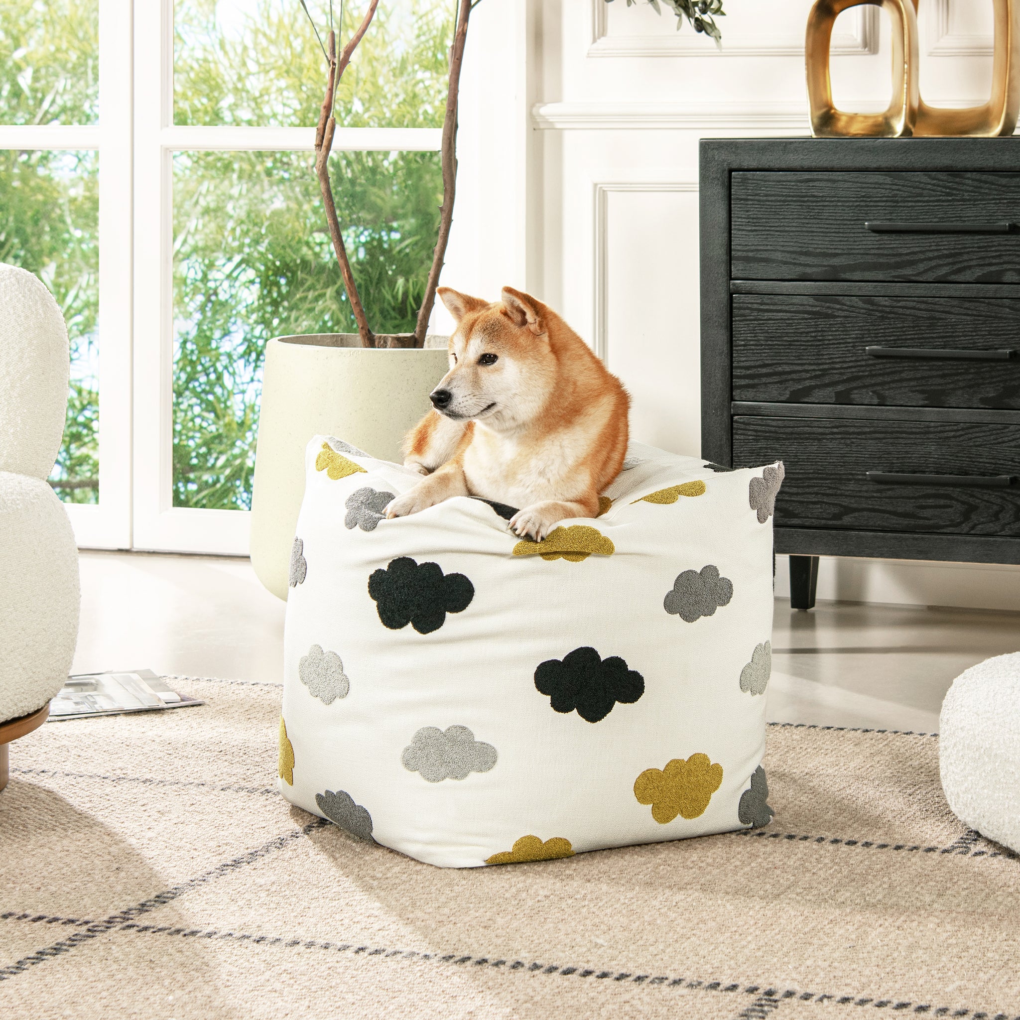 Pouf 20" Luxury Oversized Bean Bag Cube Ottoman, Cumulus Cream White Embroidery White Polypropylene Fabric