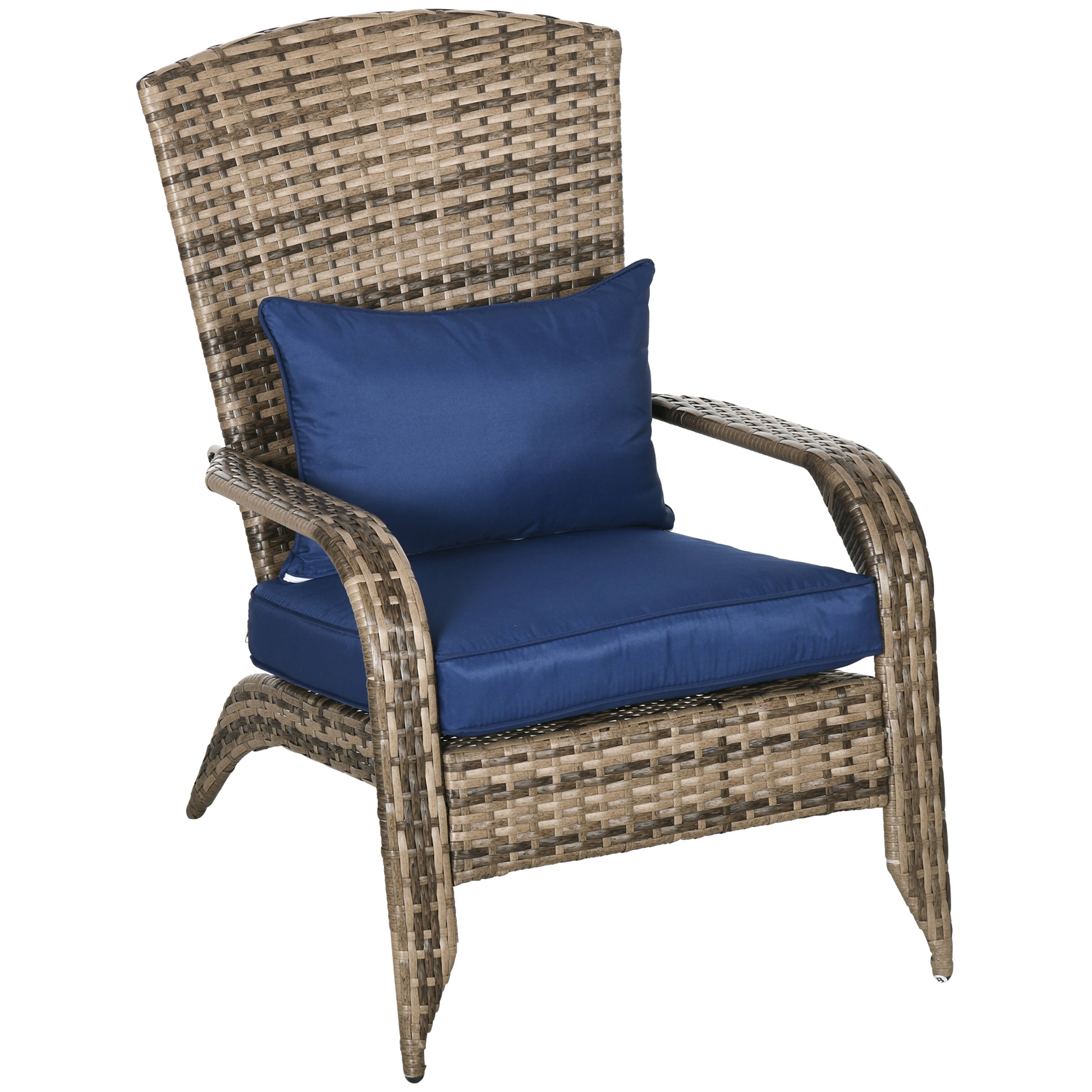 Outsunny Patio Wicker Adirondack Chair, Outdoor All Weather Rattan Fire Pit Chair W Soft Cushions, Tall Curved Backrest And Comfortable Armrests For Deck Or Garden, Dark Blue Blue Steel