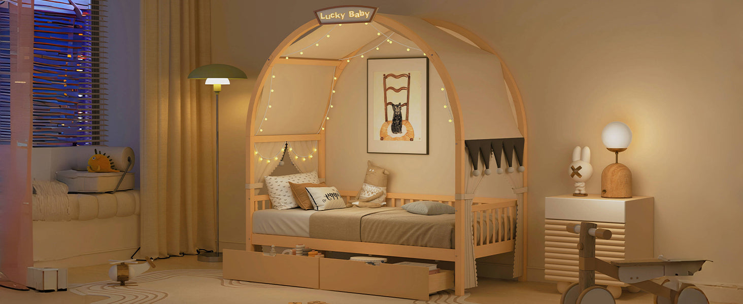 Twin Size Bed With Arched Roof And 2 Drawers, Natural Twin Natural Plywood