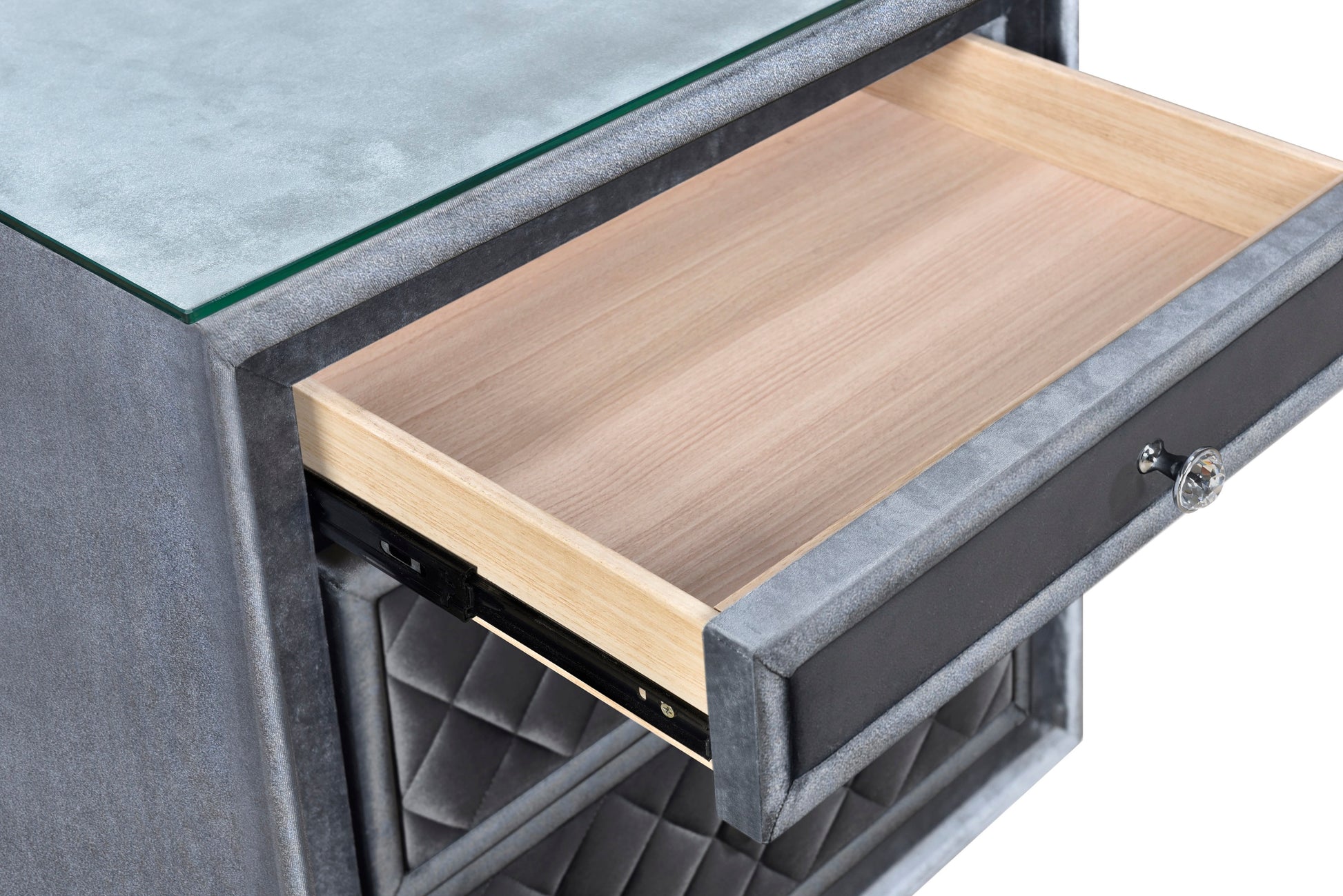 1Pc Glam 3 Drawer Nightstand Velvet Tufted Drawer Front Jewelry Tray Faux Crystal Drawer Knobs Gray 3 Drawers Bedroom Bedside Cabinet Glam Glass Top Wood