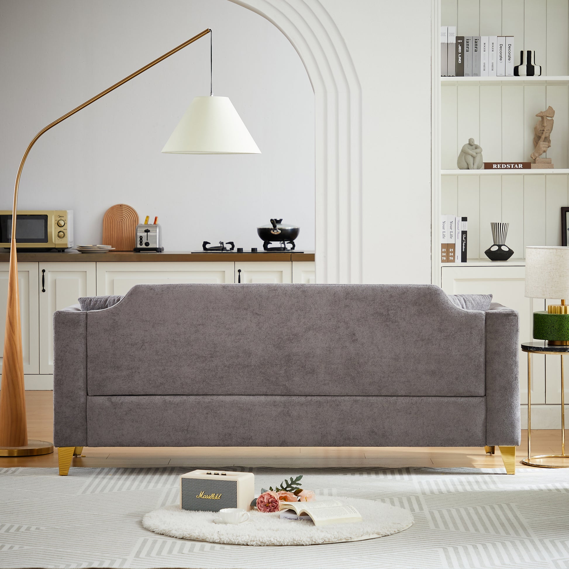 Fx 81"Mid Century Design Modern Sofa,Chenille Pull Buckle Design Sofa For Living Room,Buttons Tufted With Copper Nail Decoration Armrest, With 2 Pillows,Modern Couch Upholstered Button And Metal Leg Grey Chenille Pine Foam Fabric 3 Seat