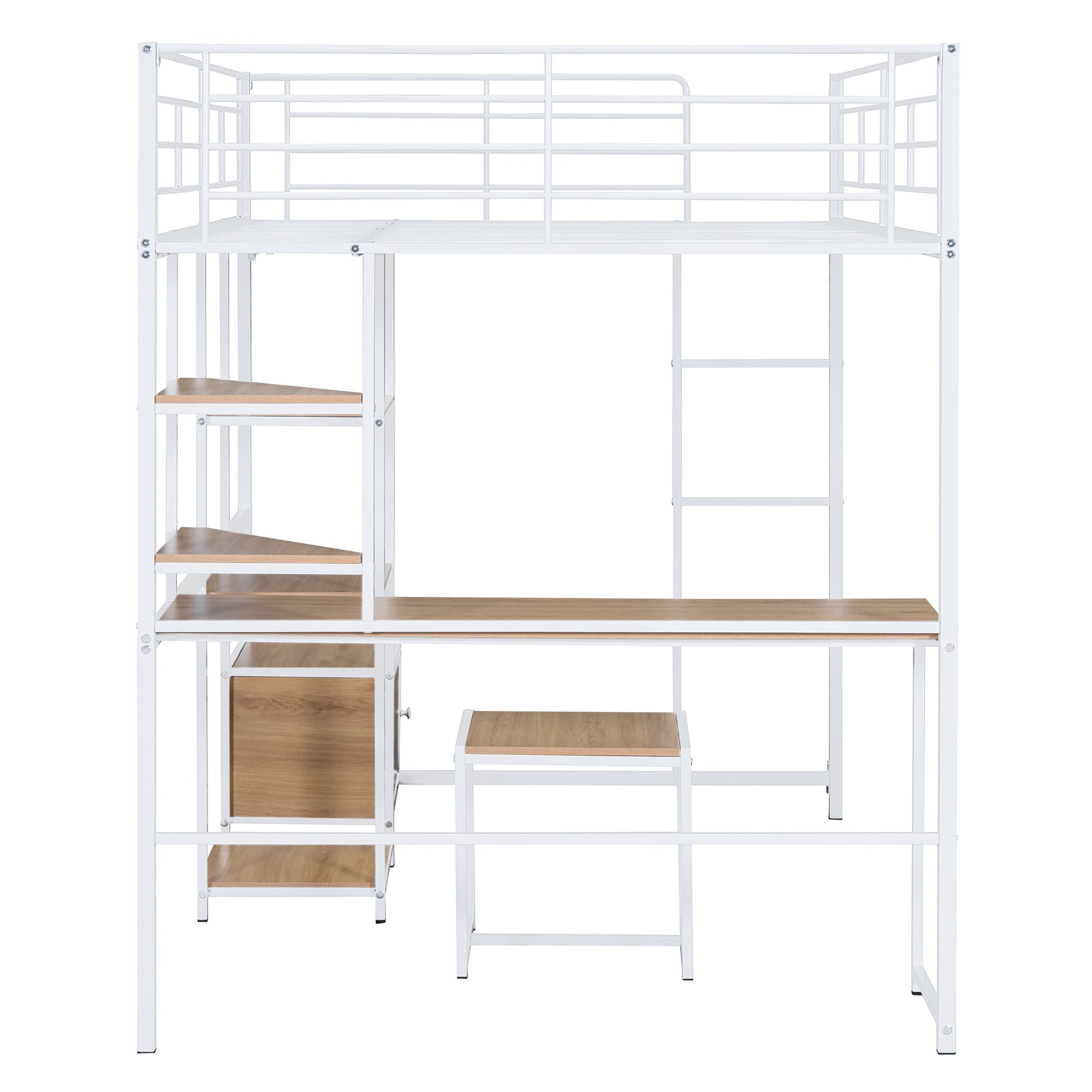 Full Size Loft Bed With Desk And Stool, Metal Loft Bed With Open Style Wardrobe, Shelves And Cabinet, White Full White Metal & Wood