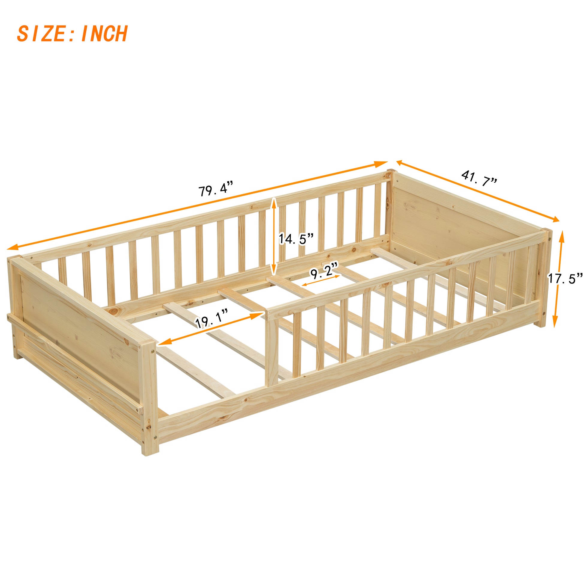 Twin Size Floor Platform Bed With Built In Book Storage Rack,Natural Twin Natural American Design Pine