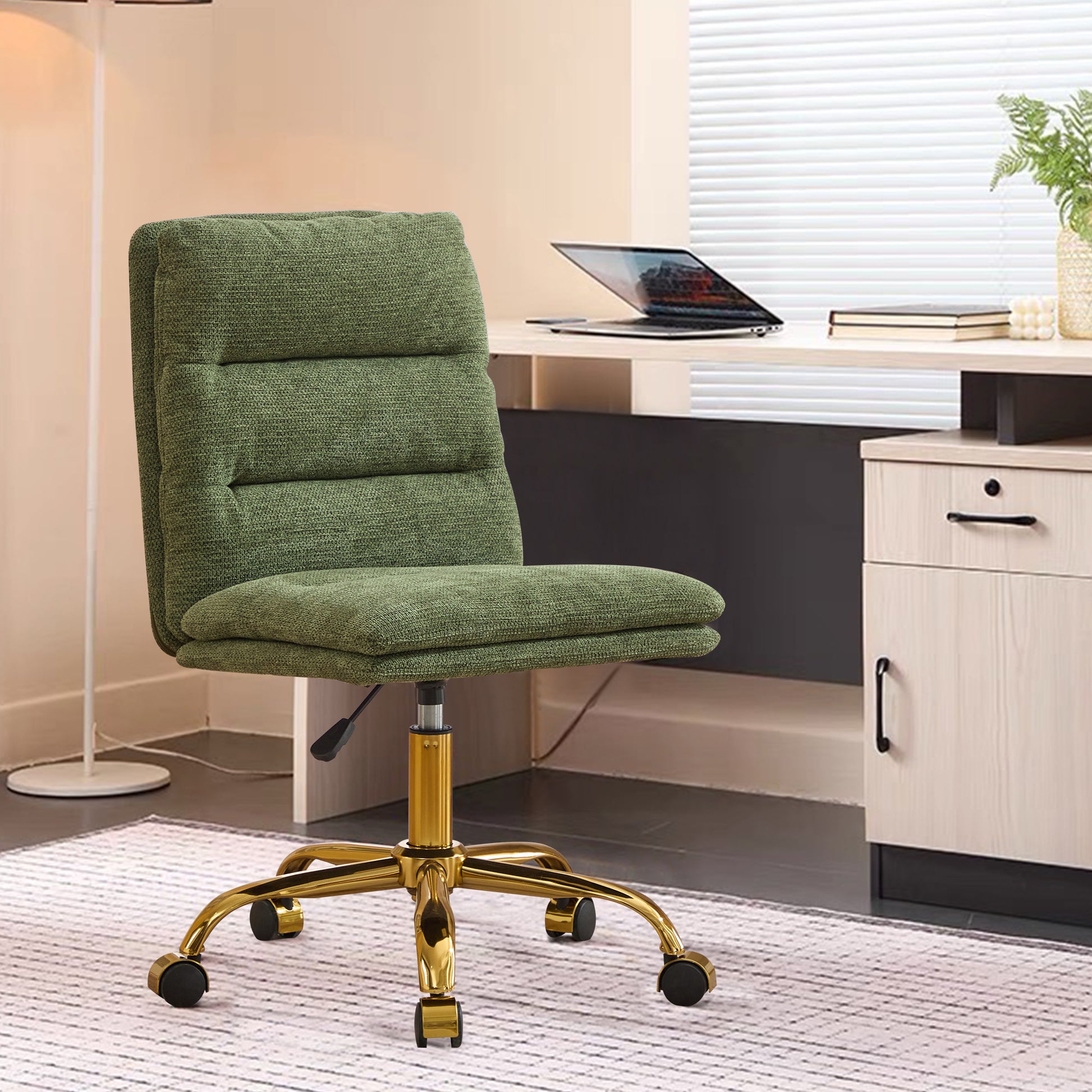 Yts Armless Office Chairs With Wheels And Fabric Cushions, Adjustable Vanity Chairs For Home Use, Open Workstations, Conference Halls, Welcome Areas, And Even Home Offices Green Linen