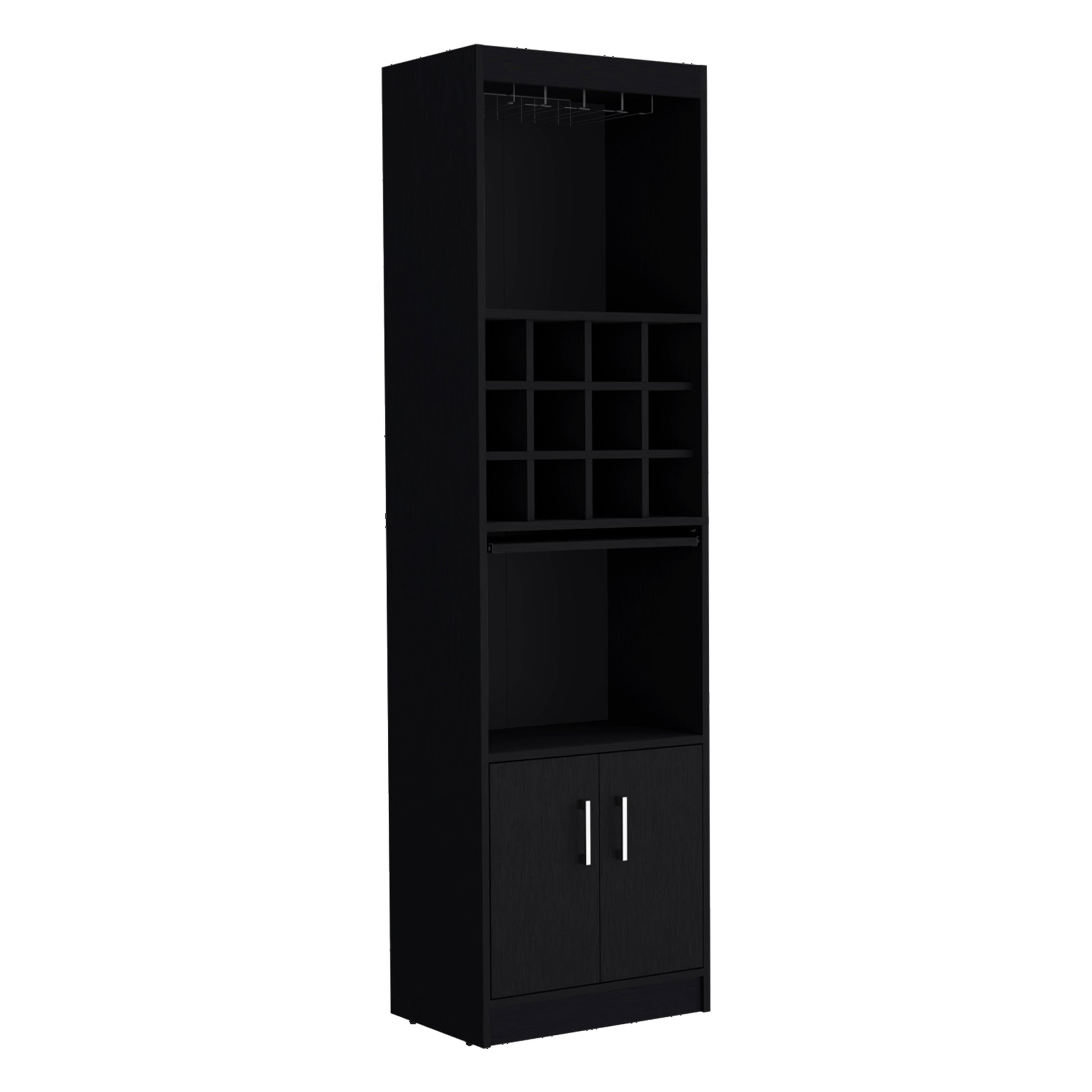 Kevil 71 Inch Tall Bar Cabinet 5 Tier Modern Bar Cabinet With Glass Holder Stemware Rack, Wine Cabinet, Liquor Cabinet, 12 Bottle Cubbies, 5 Shelves, And Pull Out Tray Black Primary Living Space Modern Particle Board Shelves Included Engineered Wood