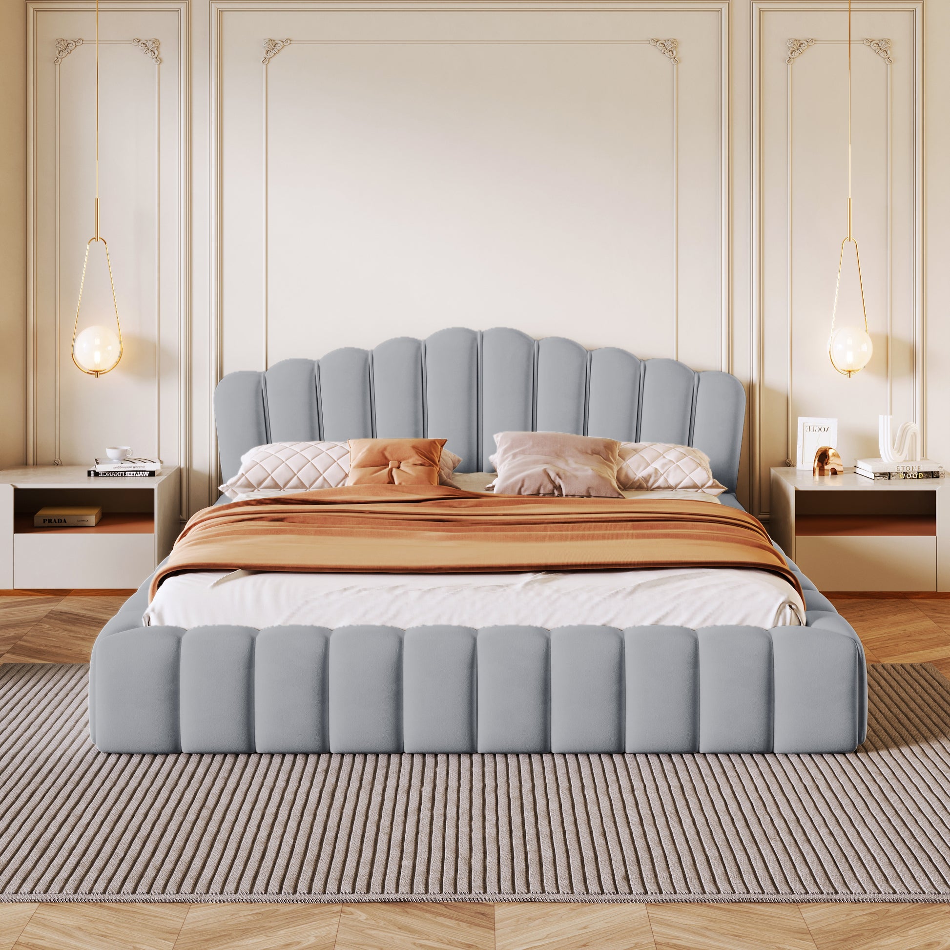 Velvet Upholstered Queen Bed Floor Bed Frame Shell Shaped Headboard For Bedroom,No Box Spring Needed,Light Blue Box Spring Not Required Queen Light Blue Wood Bedroom Contemporary Bed Frame Upholstered