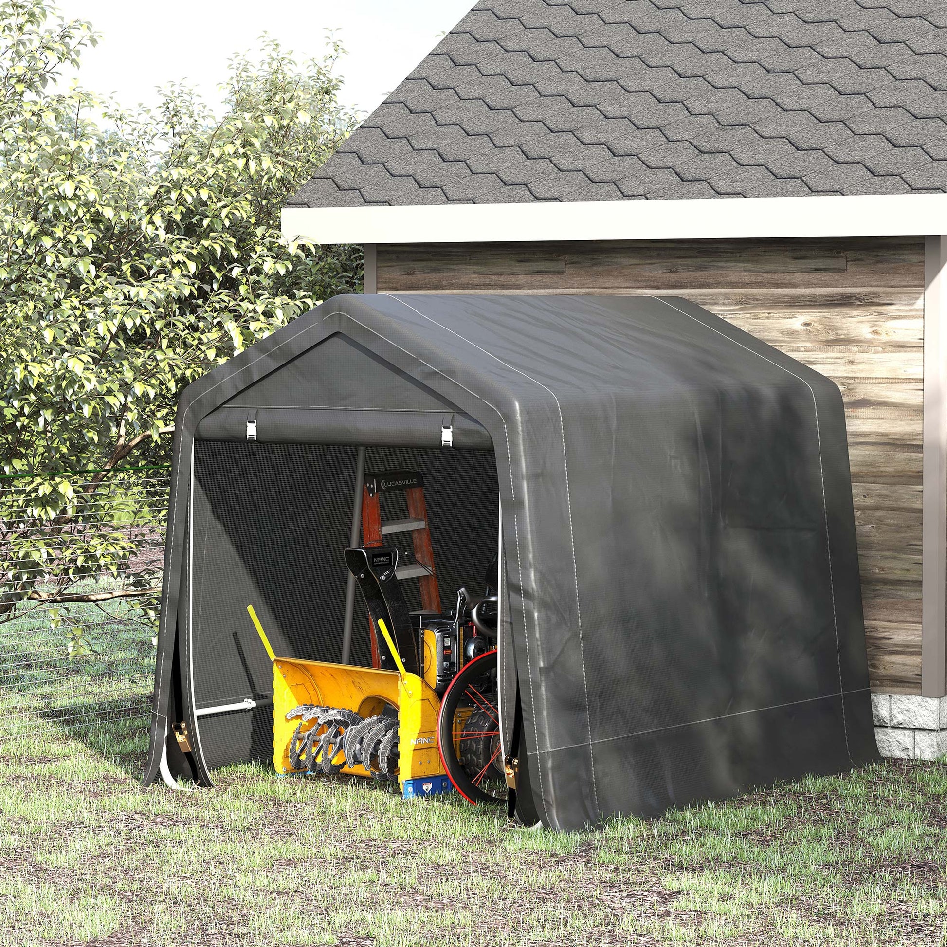 Outsunny 8' X 7' Carport Portable Garage, Heavy Duty Storage Tent, Patio Storage Shelter W Anti Uv Pe Cover And Double Zipper Doors, For Motorcycle Bike Garden Tools, Dark Gray Dark Gray Metal