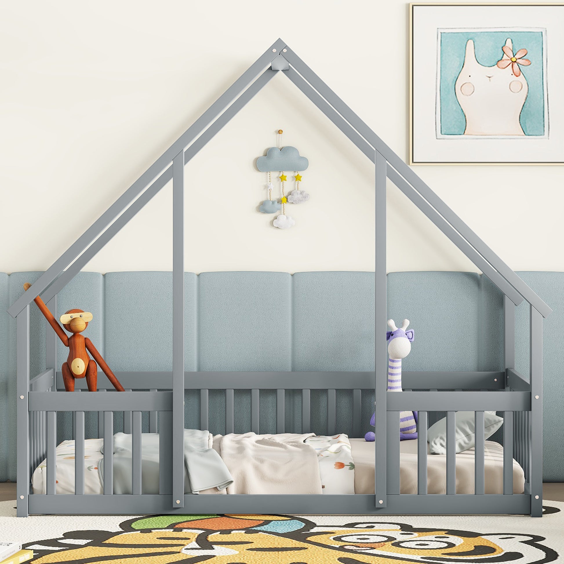 Twin Wood House Shaped Floor Bed With Fence, Guardrails ,Grey Twin Grey American Design Pine