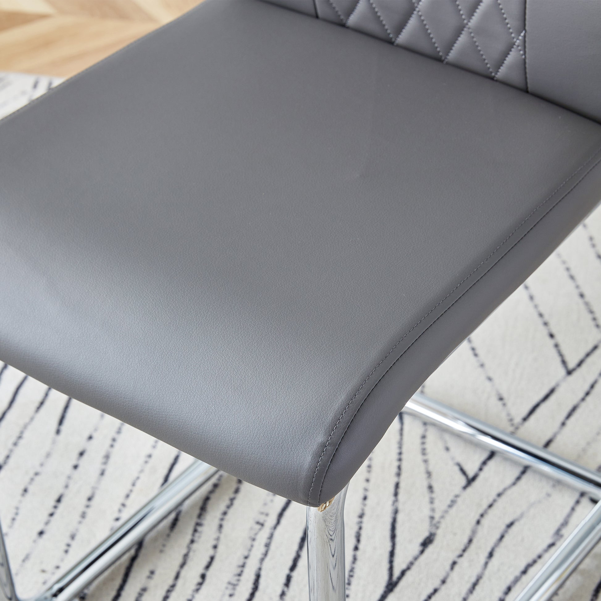 Table And Chair Set.63"X31.5X30" Black Marble Patterned Slabs Tabletop With Stainless Steel Butterfly Legs.Paried With 6 Light Gray High Quality Pu Chairs With Silver Metal Legs. Light Gray,Silver