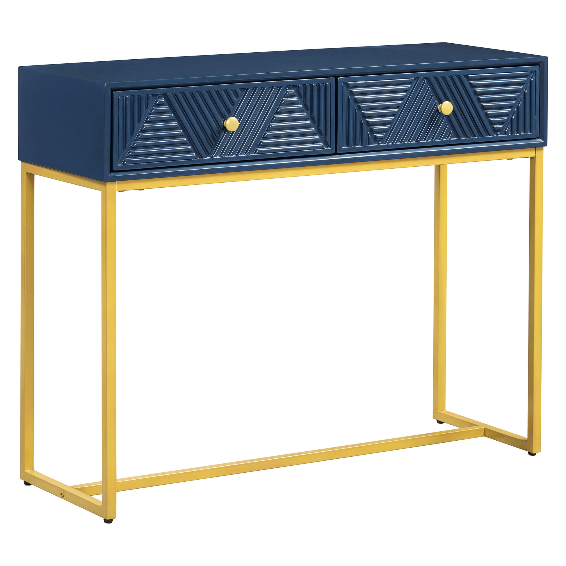 Modern Sleek Console Table Two Drawers With Stripe Design For Living Room And Entryway Navy Navy Mdf