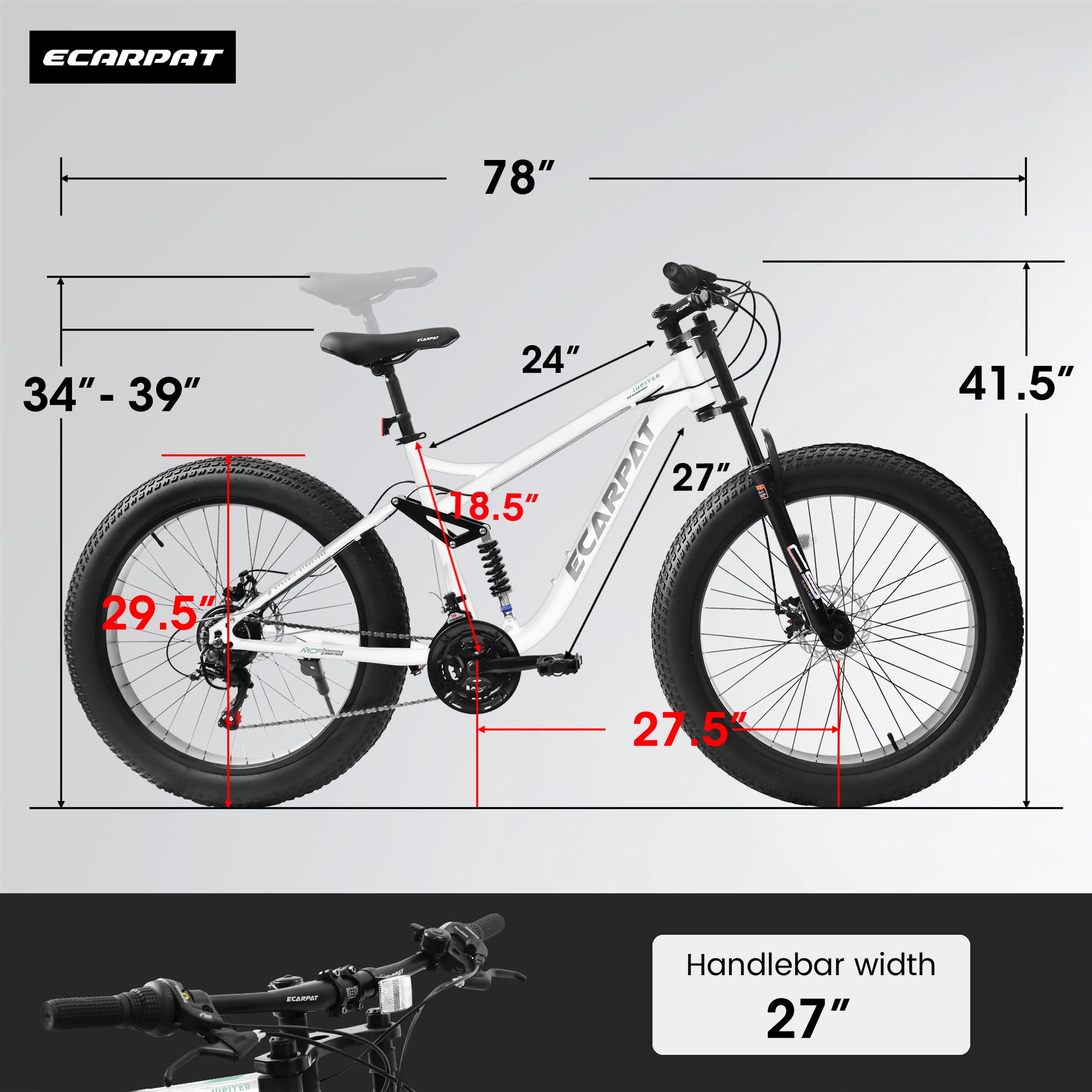 A26309 26 Inch Mountain Bike,Full Suspension 21 Speeds Drivetrain With Disc Brake Mtb Bicycle, 26*4" Fat Tire Bike For Men White Steel