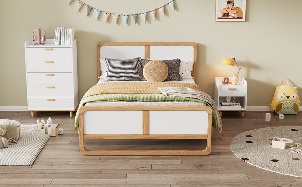 Modern Style Queen Size Solid Wood Platform Bed For Kids, Teens, Adults, No Need Box Spring, Walnut And White Box Spring Not Required Queen White Walnut Wood Bedroom Modern Pine Bed Frame Wood