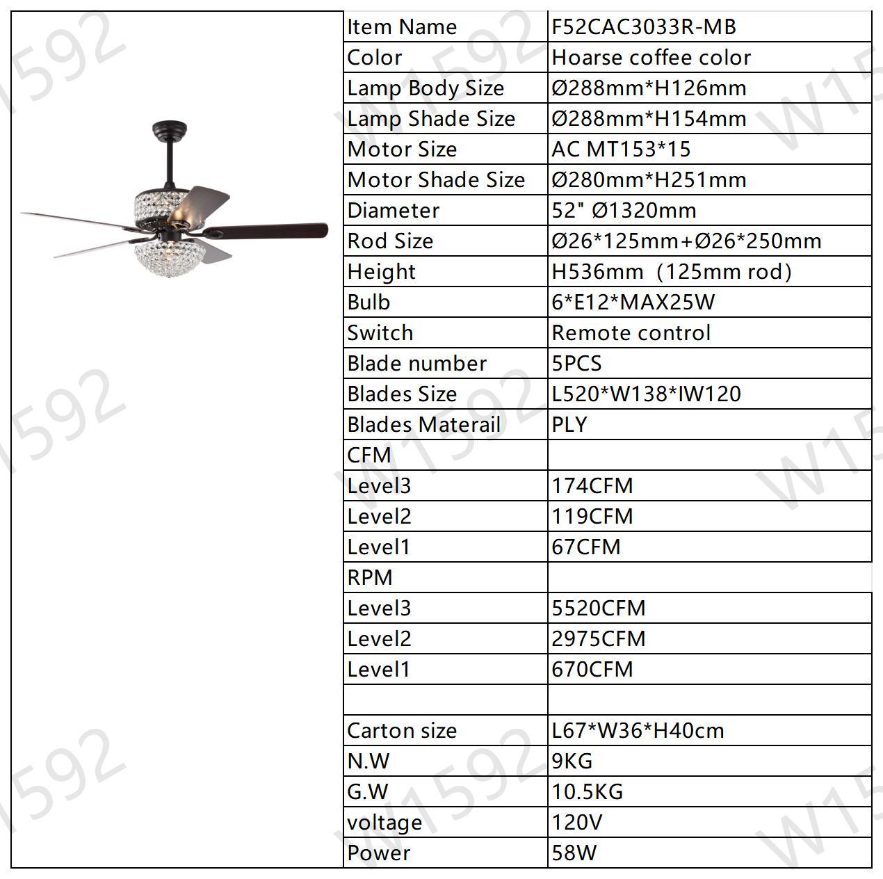 52 Inch Dual Crystal Shade Ceiling Fan With 5 Wood Blades, Two Color Fan Blade, Ac Motor, Remote Control, Reversible Airflow, Multi Speed, Adjustable Height, Traditional Ceiling Fa No Include Bulbs Matt Black American Design,American