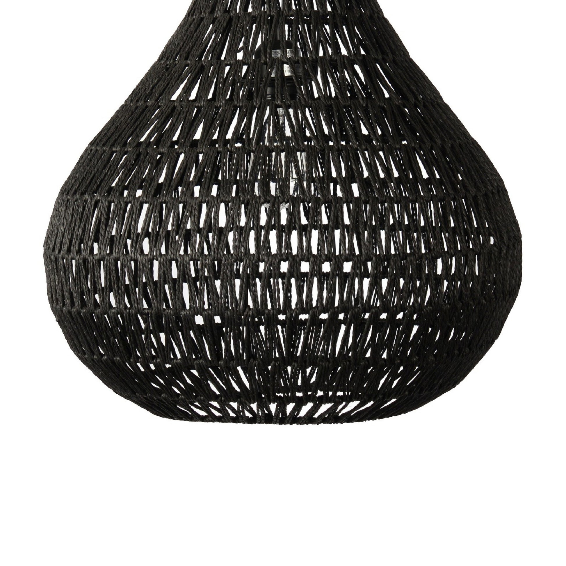 Boney 18 Inch Pendant Light, Woven Rope, Rounded Shape, Iron, Black Black Iron