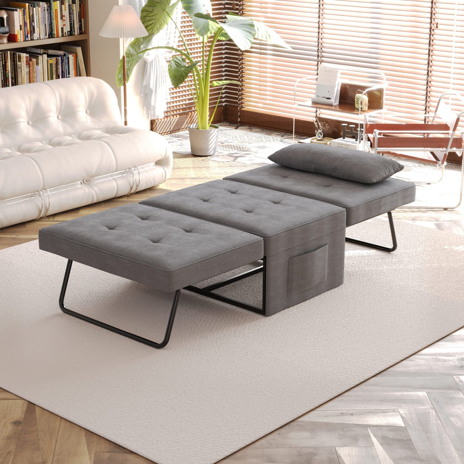 Sofa Bed,Chair Bed,Sleeper Couch,4 In 1 Multi Function Folding Ottoman Bed With Slide Storagepocket For Living Room,Bedroom,Hallway Dark Gray Espresso Bedroom Mid Century Modern Oak Upholstered Fabric