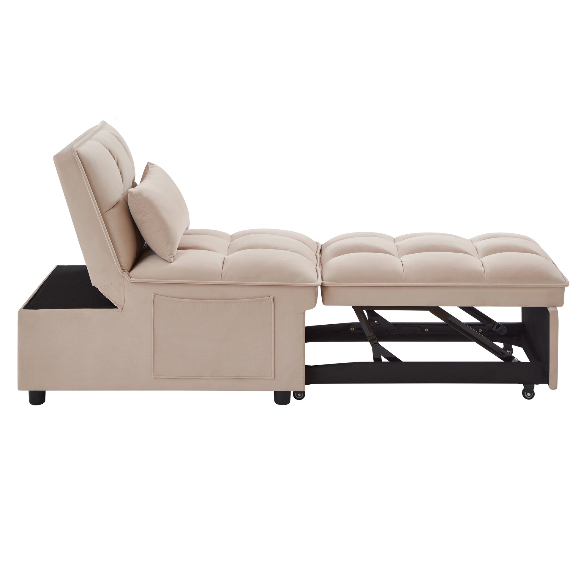4 In1 Multi Function Single Sofa Bed With Storage Pockets,Tufted Single Pull Out Sofa Bed With Adjustable Backrest And Pillows ,Convertible Chaise Lounge,Taupe Taupe Velvet Metal Primary Living Space American Design Armless Foam Velvet 1 Seat