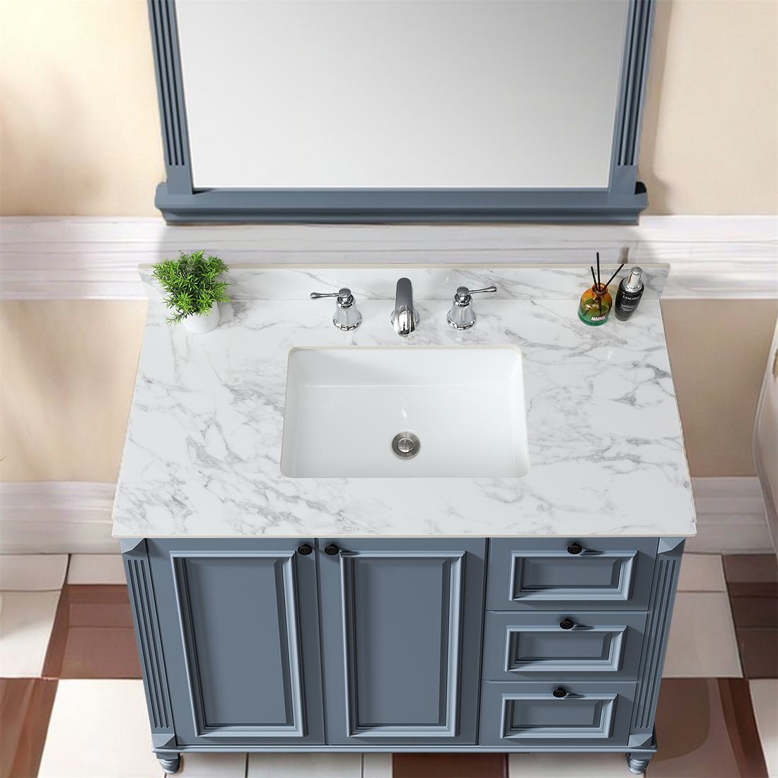 43"X22"Bathroom Vanity Top,Sintered Stone Carra Whitebarthroom Vanity Sink Tops With Rectangular Undermount Ceramic Sink With Vanity Backsplash, Three Faucet Hole Bathroom Vanity Countertop White