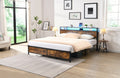 Industrial King Bed Frame With Led Lights And 2 Usb Ports, Bed Frame King Size With Storage, Noise Free, No Box Spring Needed, Rustic Brown Box Spring Not Required King Antique Brown Metal Brown Bedroom Industrial Metal & Wood
