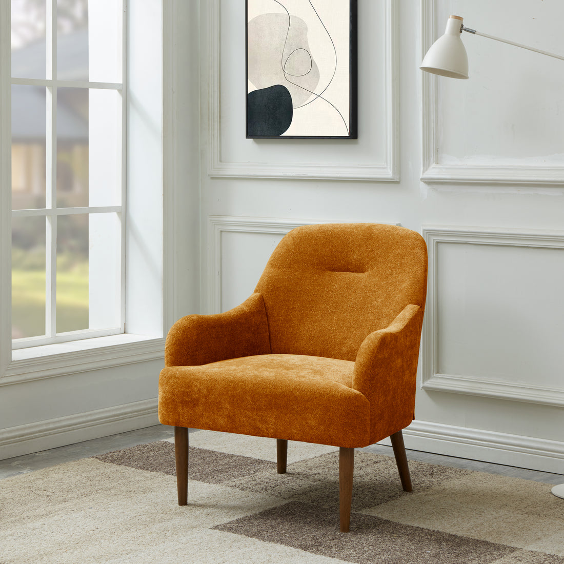 Chenille Armchair, Modern Style Accent Chair With Wood Legs, Comfy Design For Living Room, Bedroom, Office, Orange Orange Foam Wood Fabric