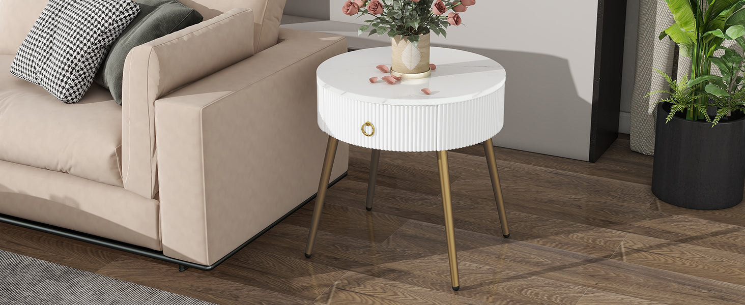 19.6'' Easy Assembly End Tables With High Gloss Faux Marble Tabletops, Set Of 2, Modern Fluted 2 Side Tables With Drawers, Round Coffee Tables With Golden Legs For Living Room, White White Gold Primary Living Space Drawers Round Mdf Iron