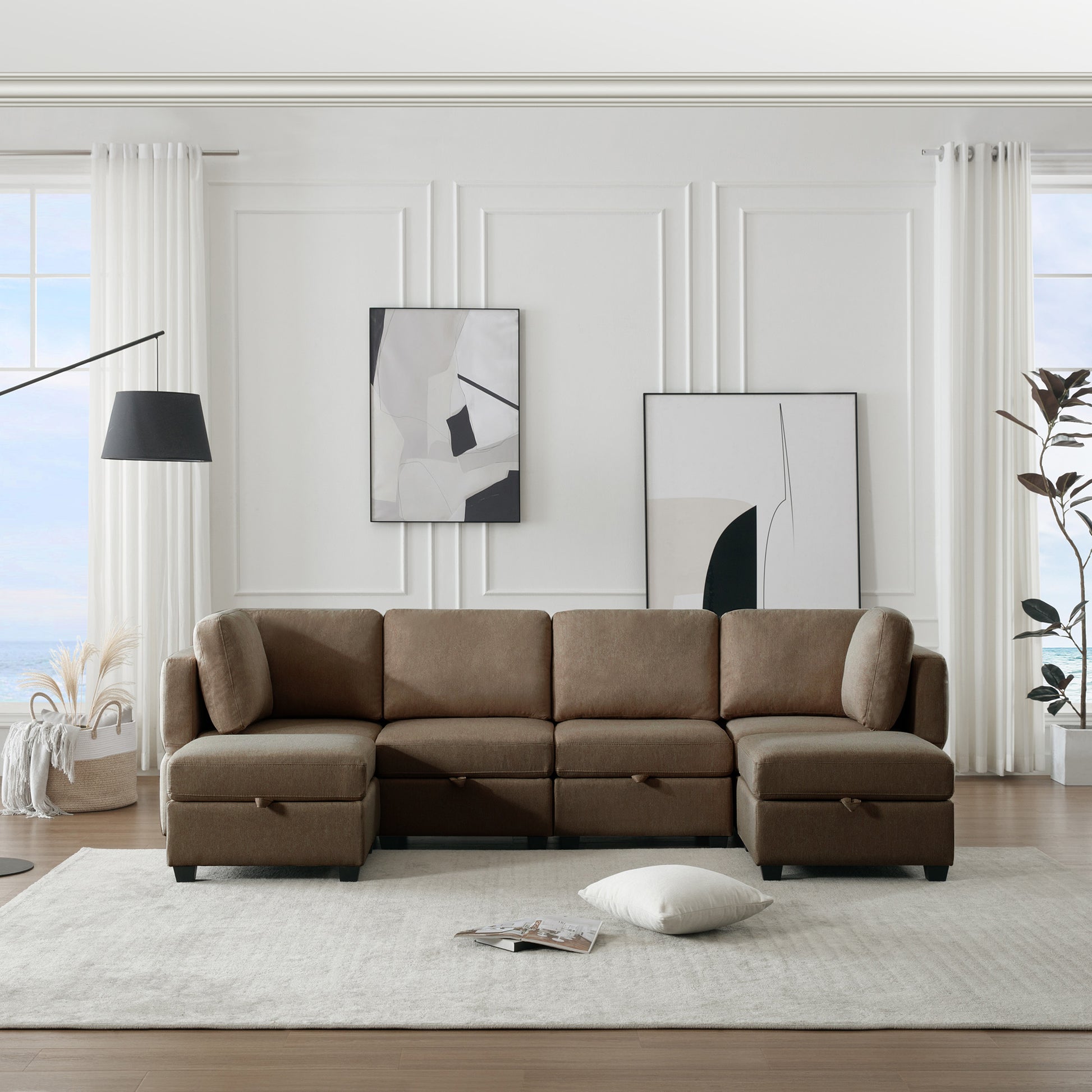Adjustable Arms And Backs Modern U Shape Linen Couch Modular Sectional Sofa Couch With Storage Seat, Large Convertible Sofa With Reversible Chaise For Living Room Apartment Office, Brown Brown Polyester 4 Seat