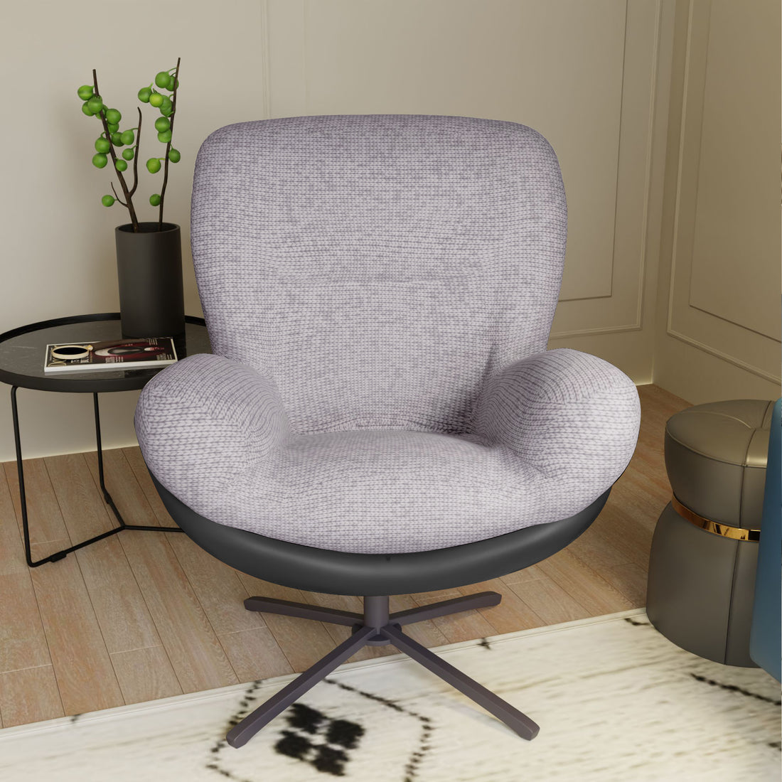 360 Swivel Accent Chair, Modern Chenille Lounge Chair With Faux Leather And Black Metal Base Frame, Comfortable Reading Chair For Small Spaces, Living Room, Bedroom, Reading Corner, Office,Light Gray Black,Light Gray Brown Primary Living Space Art