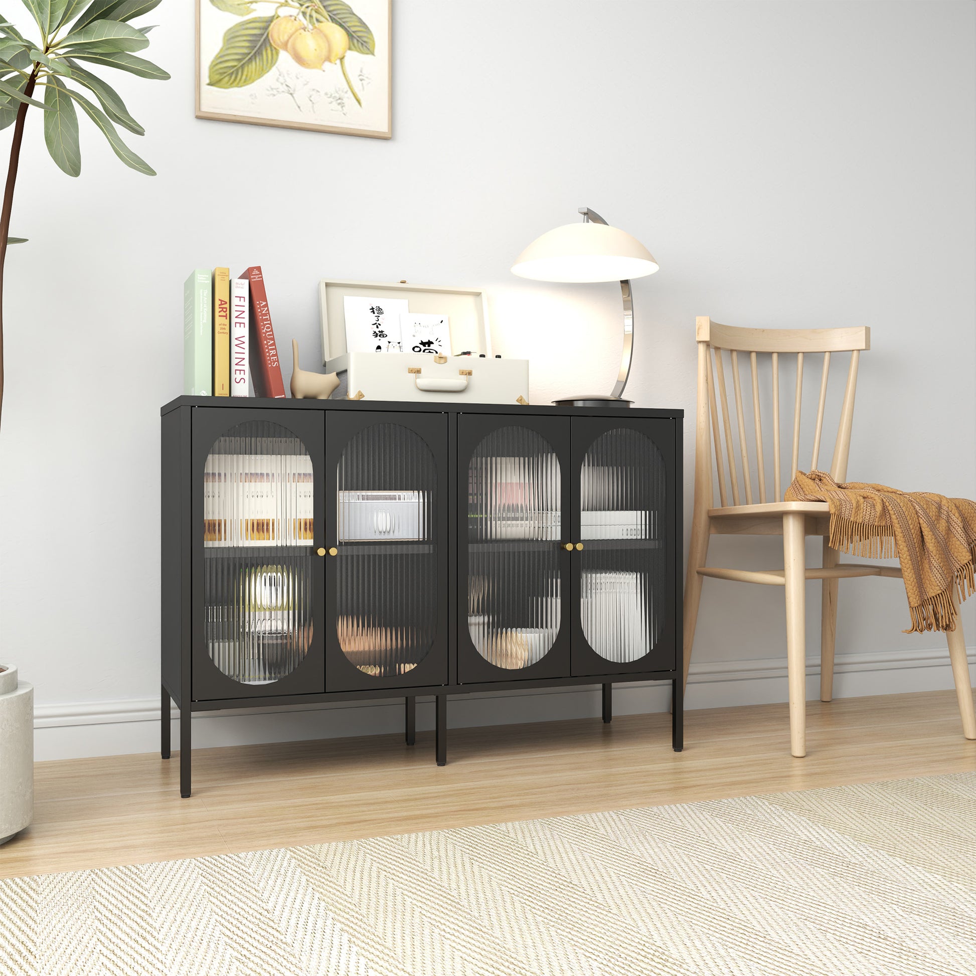 Metal Sideboard Cabinet With 4 Glass Door, Steel Locker Sideboard Buffet Cabinet, Sideboard Buffet Cabinet With 4 Doors, Kitchen Storage Cabinet, Coffee Bar Cabinet For Kitchen, Living Room, Black