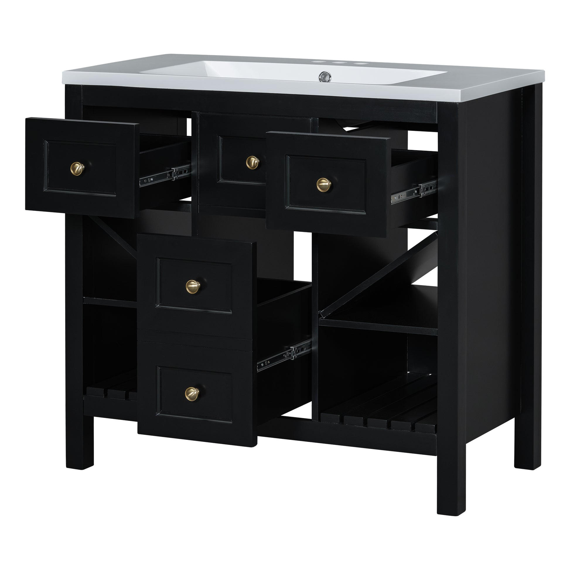 36'' Bathroom Vanity With Resin Sink Combo, Solid Wood Frame Bathroom Storage Cabinet, Freestanding Vanity Set With 5 Drawers& Soft Closing Doors Same As Sw000141Aab Black Bathroom Solid Wood Mdf Resin