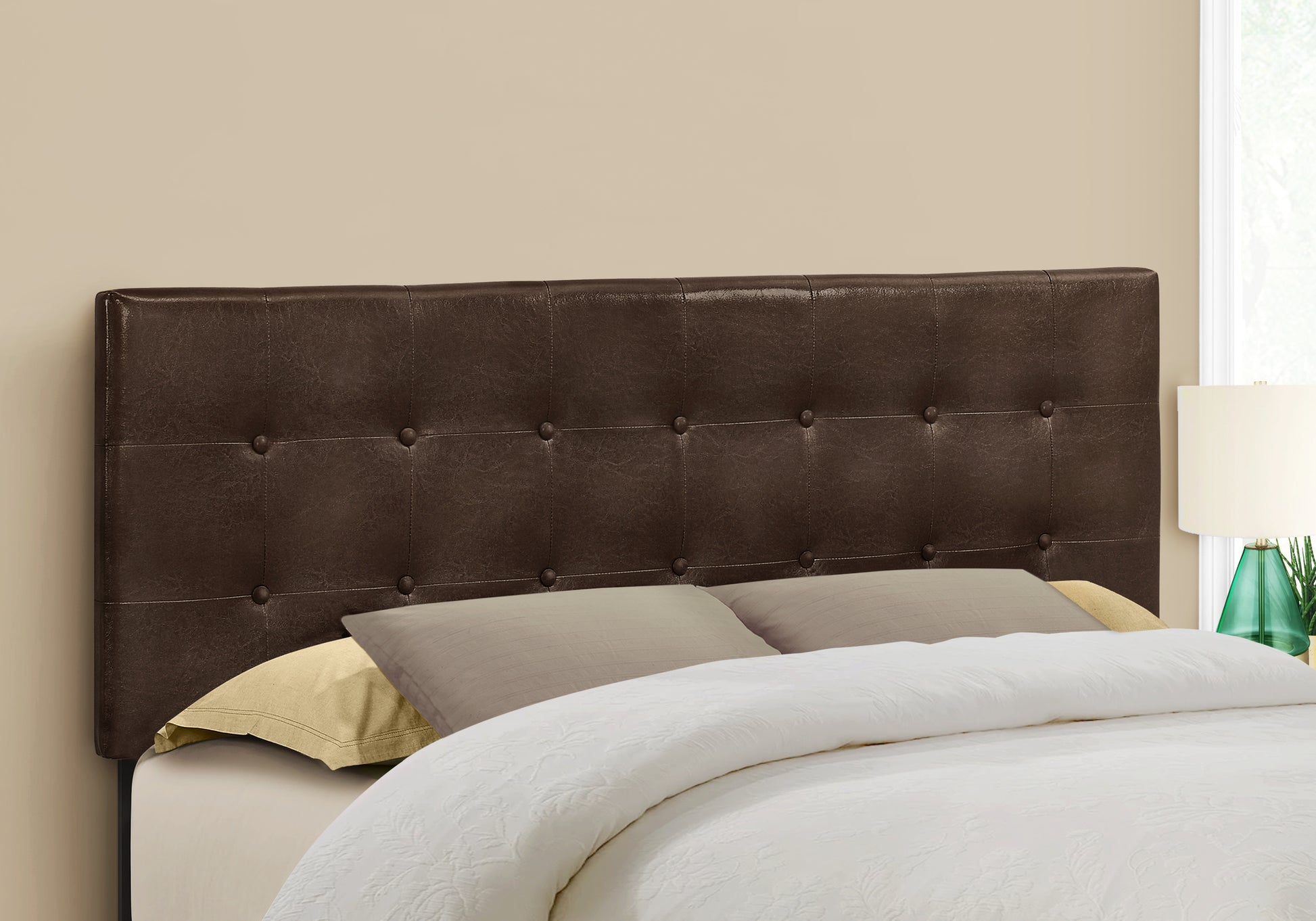 Bed, Headboard Only, Queen Size, Bedroom, Upholstered, Brown Leather Look, Transitional Brown Foam Faux Leather