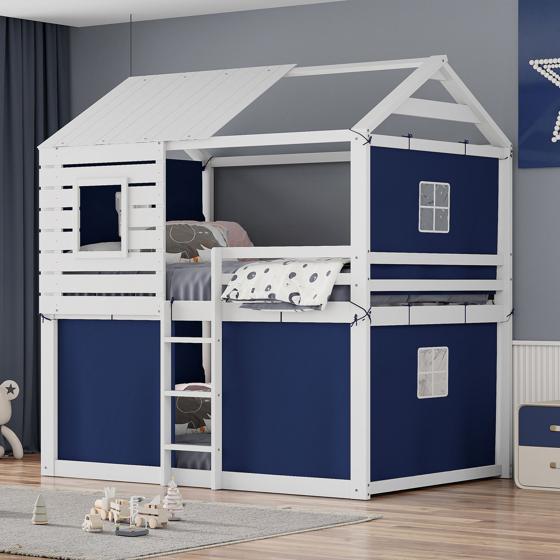 Full Size Bunk Wood House Bed With Tent, Blue White Full Blue Solid Wood Mdf