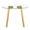 Table And Chair Set.A Modern Minimalist Style Round Clear Tempered Glass Table With Metal Legs.Paried With White Chairs With Modern Pu Leather High Back Upholstered And C Tube Golden Legs.