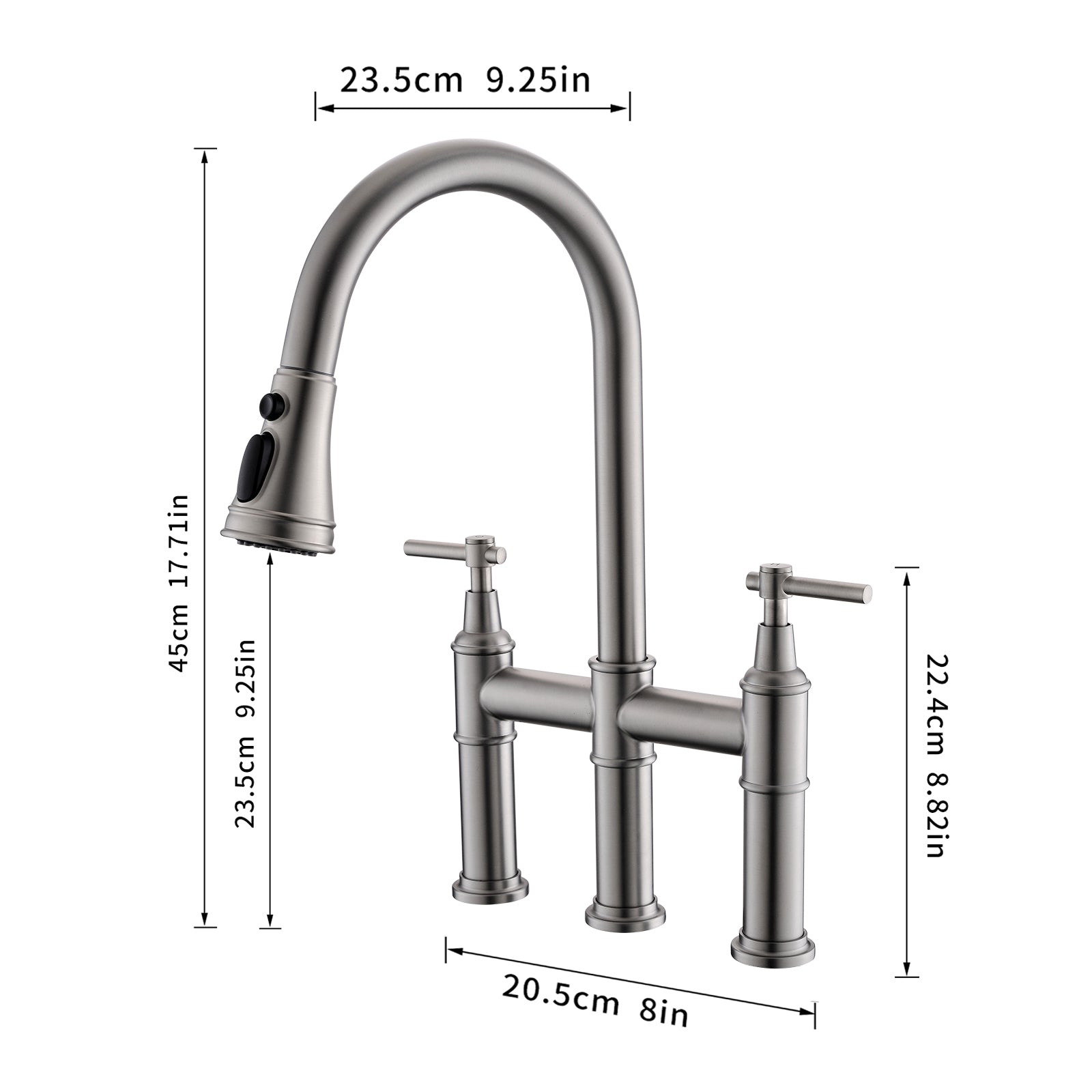 3 Hole Brushed Nickel Bridge Kitchen Faucet With Pull Down Sprayer,2 Handle Faucet For Kitchen Sinks Pull Out Sprayer Kitchen Sink Faucet Brushed Nickel Kitchen Classic,Modern Ceramic Stainless Steel