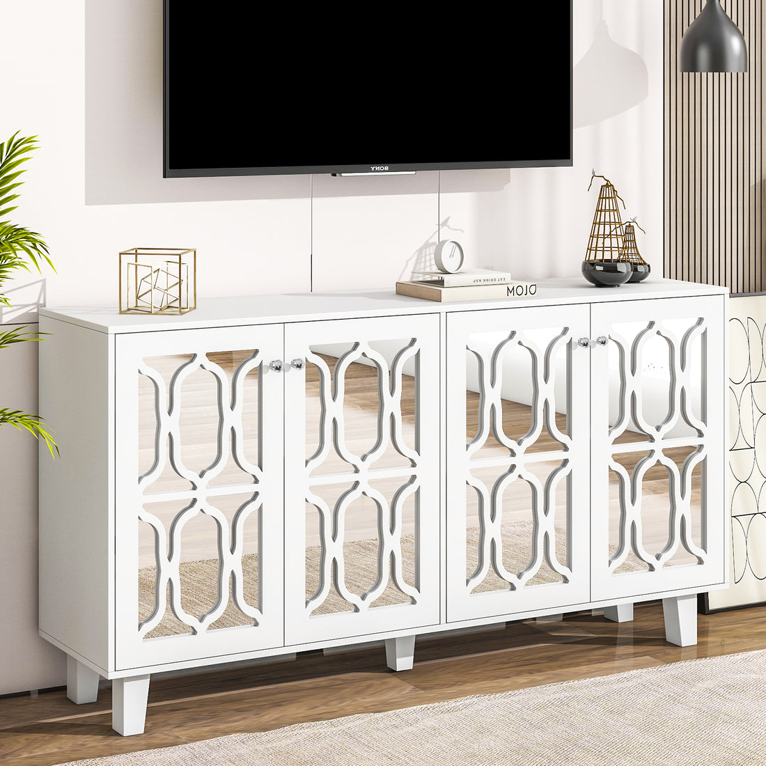 Buffet Cabinet With Adjustable Shelves, 4 Door Mirror Hollow Carved Tv Stand For Tvs Up To 70'', Multi Functional Console Table With Storage Credenza Accent Cabinet For Living Room, White 3 4 Spaces White Primary Living Space Adjustable Shelves Mdf