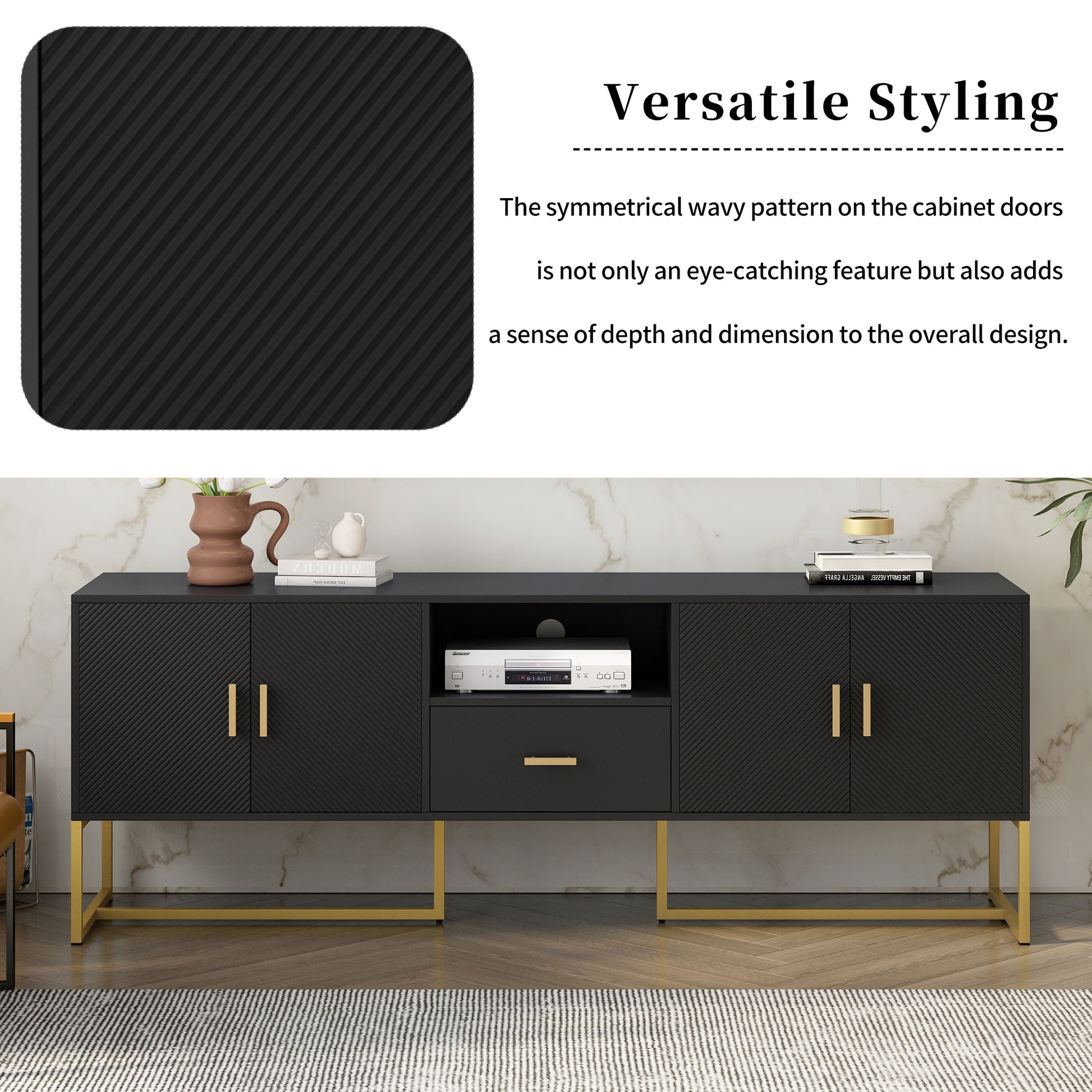 Modern Tv Stand For Tv Up To 70 Inches,Tv Cabinet With 1 Drawer, 2 Cabinets And Metal Legs, Handles And Anti Tip Device For Living Room Black 70 79 Inches Mdf