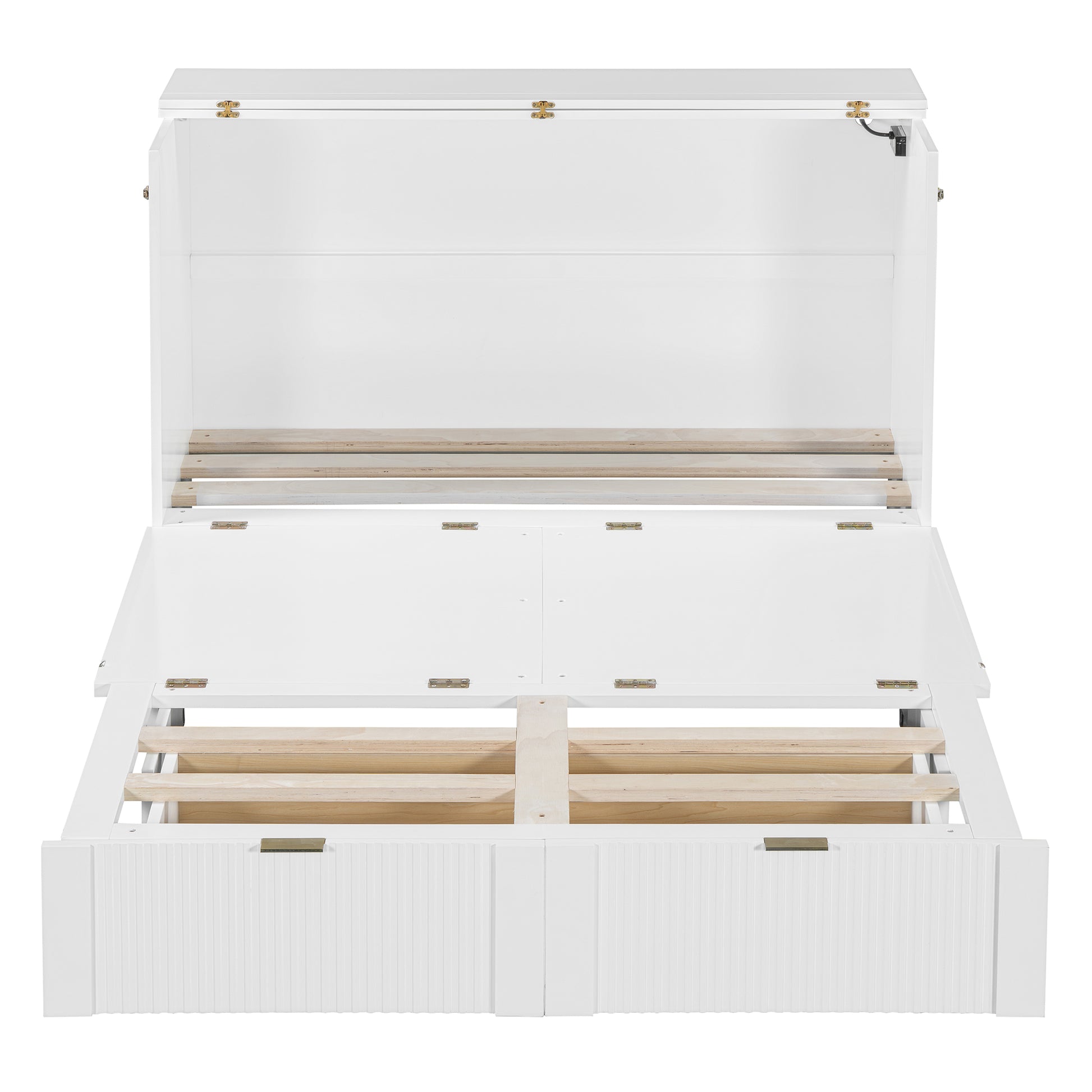 Full Size Murphy Bed With Drawer And A Set Of Sockets & Usb Ports, Pulley Structure Design, White Full White Plywood