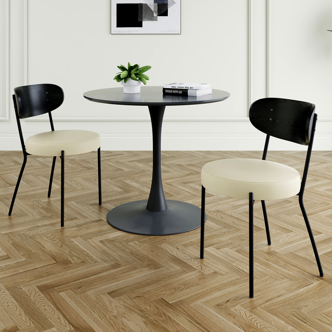 Modern Grey Simple Pu Dining Chair Upholstered Chair Family Bedroom Stool Back Dressing, Black Round Table Set, Bentwood Covered With Ash Veneer Chair Back, Chair Black Metal Legs Set Of 3 Black Mdf