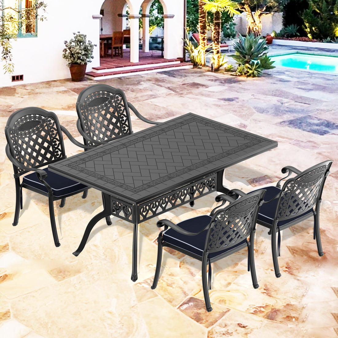 Cushions In Random Colors 5 Piece Set Of Cast Aluminum Patio Furniture With Cushions Yes Complete Patio Set Black Seats 4 Rust Resistant Frame Water Resistant Cushion Garden & Outdoor Complete Patio Sets Aluminium