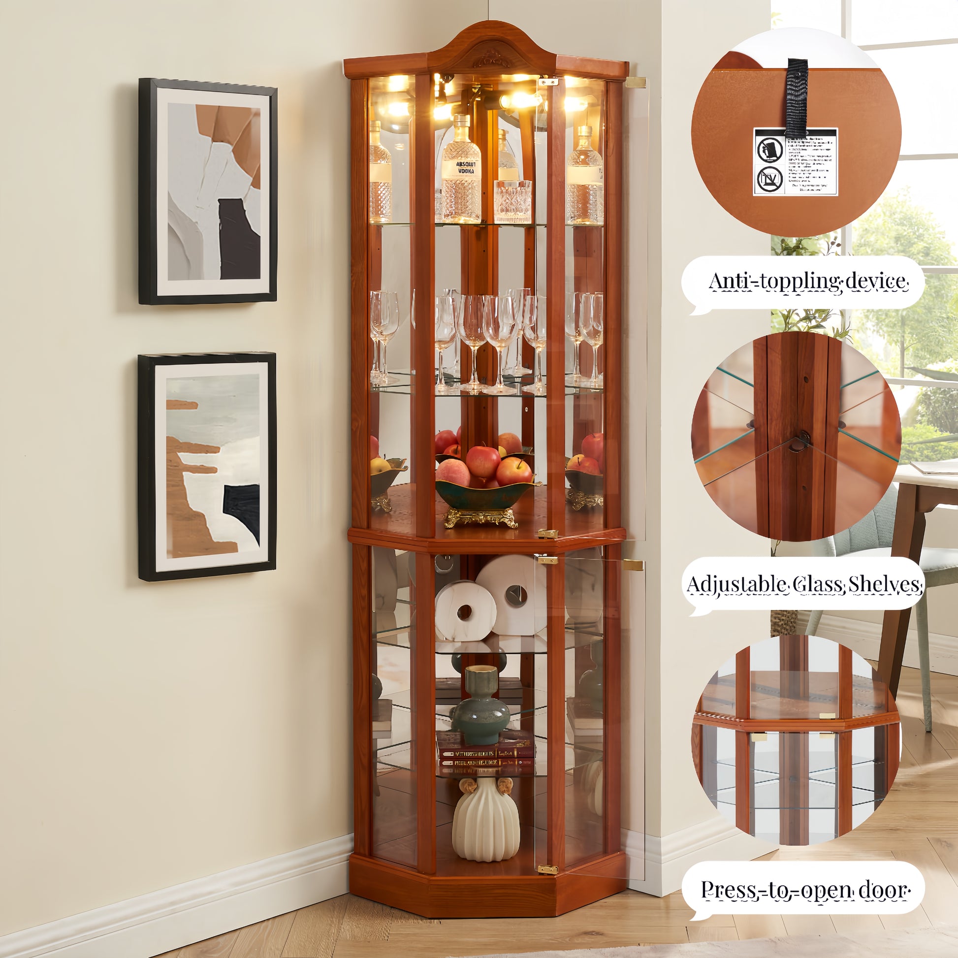 Glass Cabinet Lighted Corner Cabinet Corner Display Curio Cabinet, Glass Display With Light Included Bar Cabinet,Wine Cabinet With Adjustable Glass Shelves Carved Decoration Oak Light Included Oak