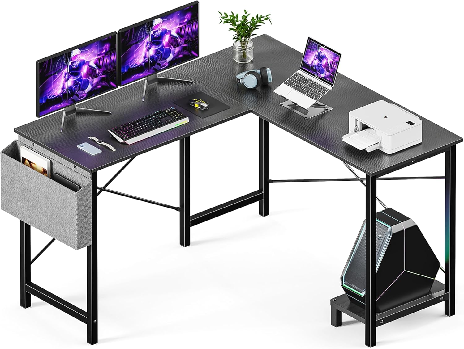 L Shaped Desk Gaming Computer 50 Inch Reversible Corner Table Pc For Writing Study Student With Wood Tabletop Metal Frame Cpu Stand Side Bag For Home Office Small Place, Black Black Wood