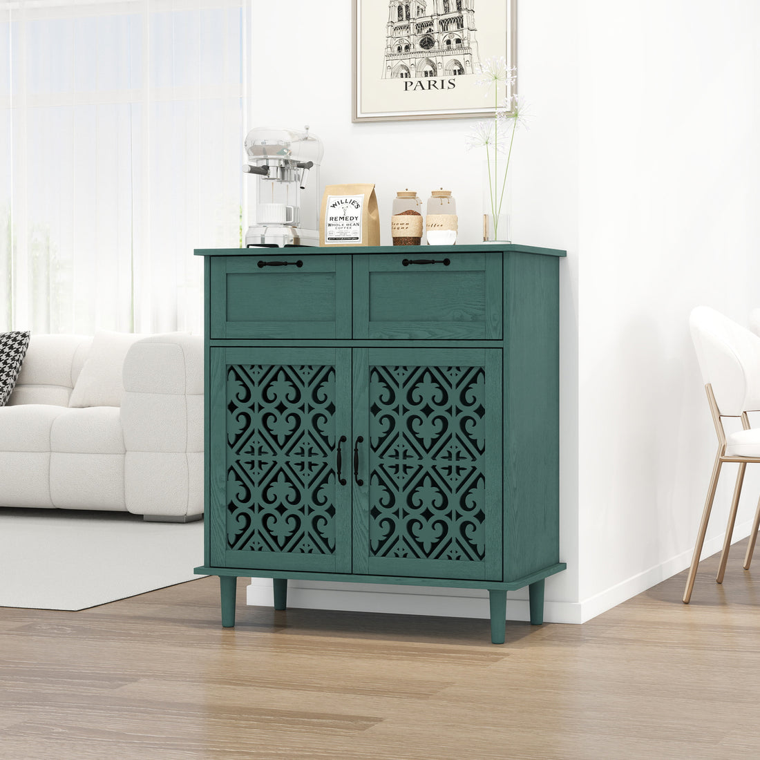 2 Door 2 Drawer Cabinet, American Furniture, Suitable For Bedroom, Living Room, Study Dark Green Mdf