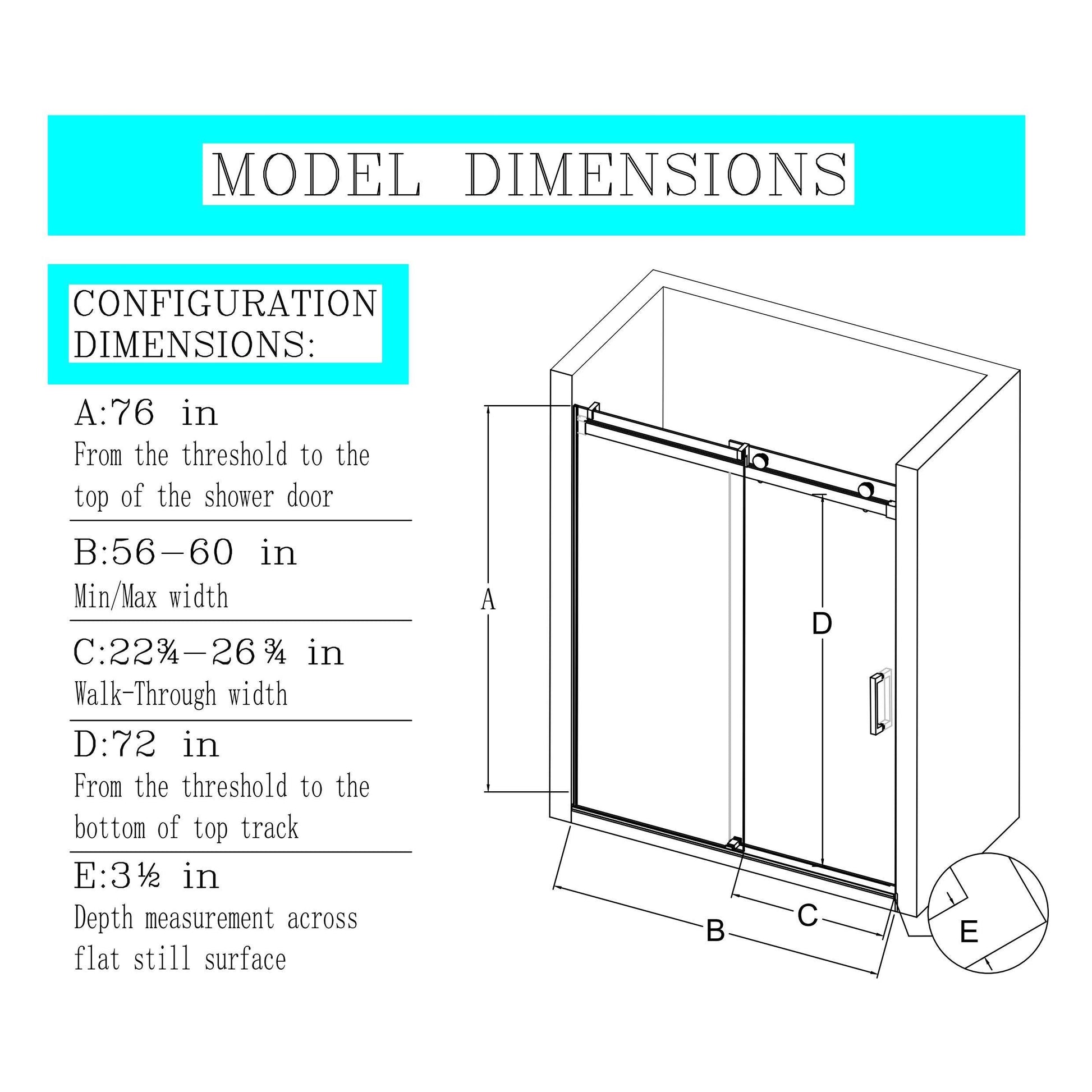 56 60" W * 76" H Frameless Single Sliding Soft Close Shower Doors With Buffer, Bathroom Sliding Shower Door, 3 8" 10Mm Thick Sgcc Tempered Glass Door, Reversible Installation, Matte Black Finish Black Glass Metal