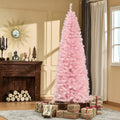 Homcom 7' Tall Unlit Slim Douglas Fir Artificial Christmas Tree With 818 Realistic Branch Tips, Pink Pink Plastic