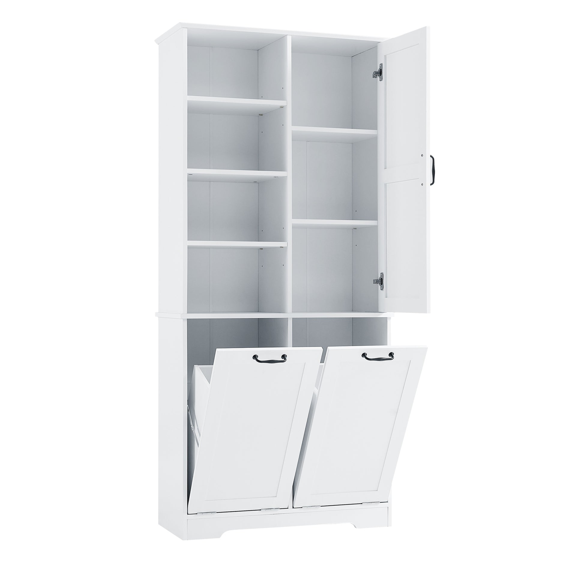 Bathroom Storage Cabinet With Doors And Drawers, Tilt Out Laundry Hamper, Multiple Storage Space, Freestanding Style, Open Shelve, Adjustable Shelf, White White Mdf