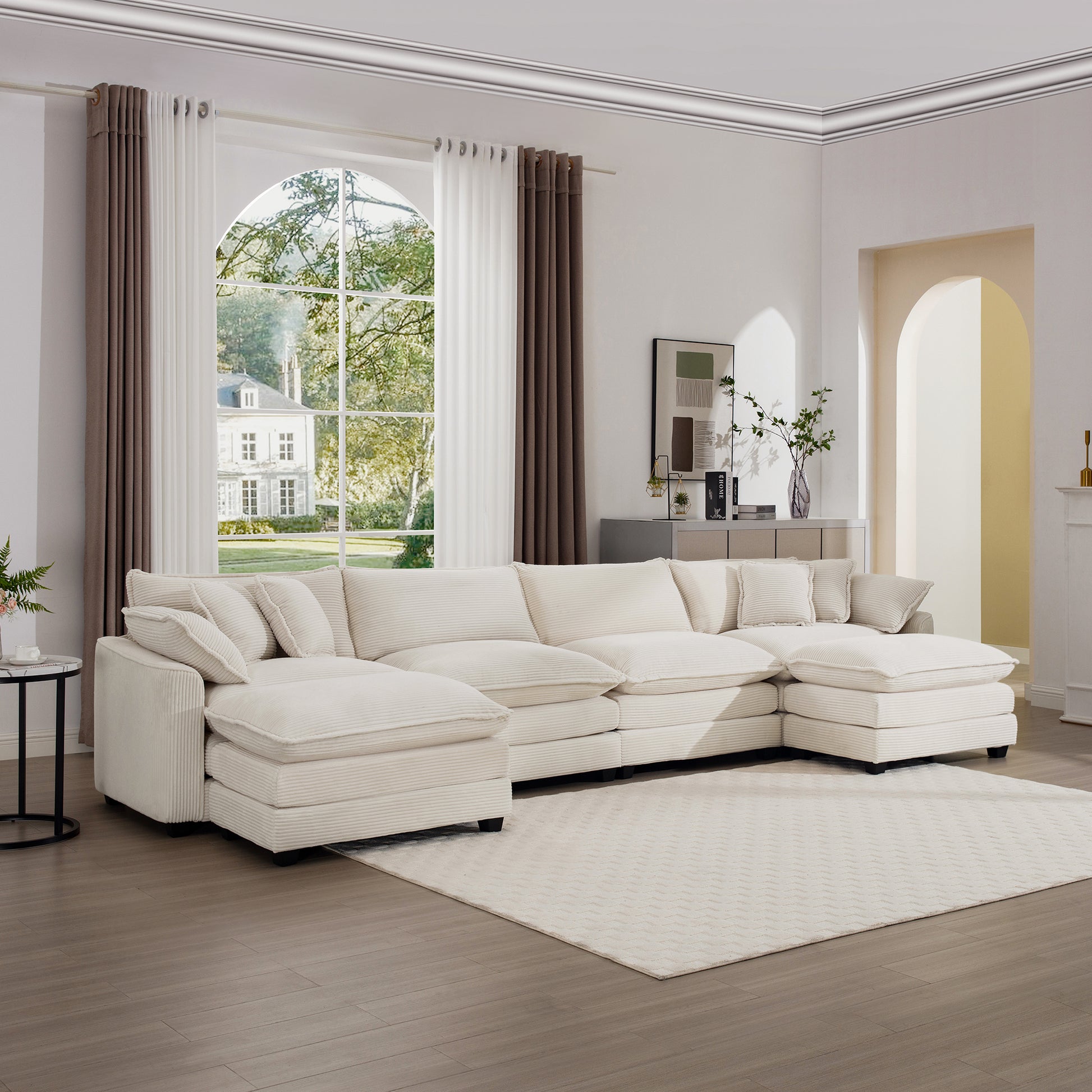 Cloud Like Comfy Soft Upholstered 4 Seater Modular Sofas With 2 Ottomans, 4 Seat U Shape Corduroy Fabric Sofa,Light Beige Corduroy Fabirc Beige Corduroy 4 Seat